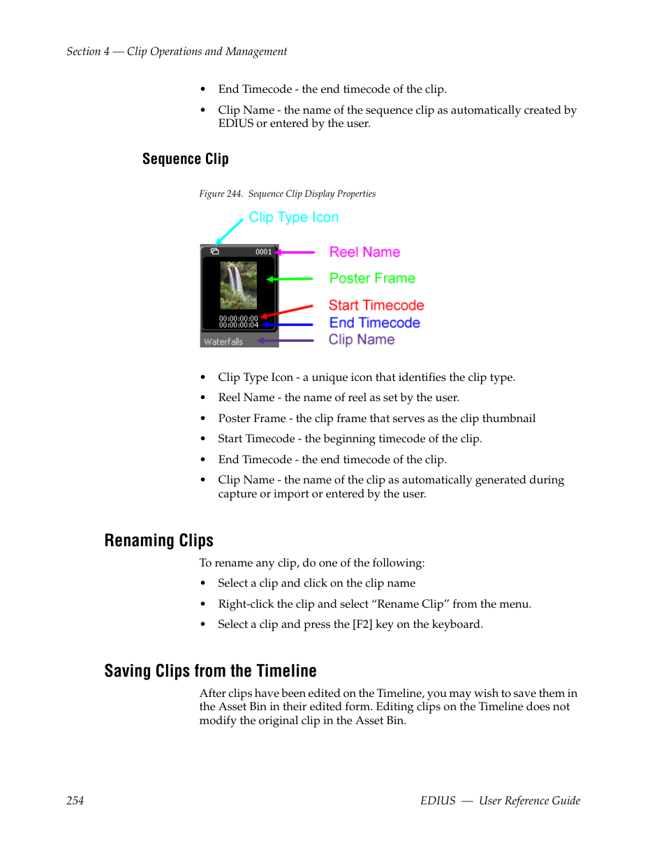 Sequence clip, Renaming clips, Saving clips from the timeline | Grass Valley EDIUS v.5.1 User Manual | Page 254 / 790
