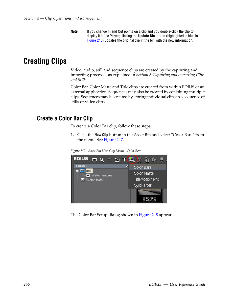 Creating clips, Create a color bar clip | Grass Valley EDIUS v.5.1 User Manual | Page 256 / 790