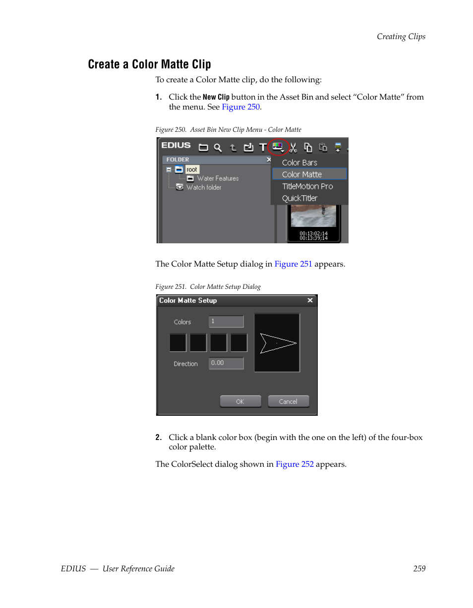 Create a color matte clip | Grass Valley EDIUS v.5.1 User Manual | Page 259 / 790