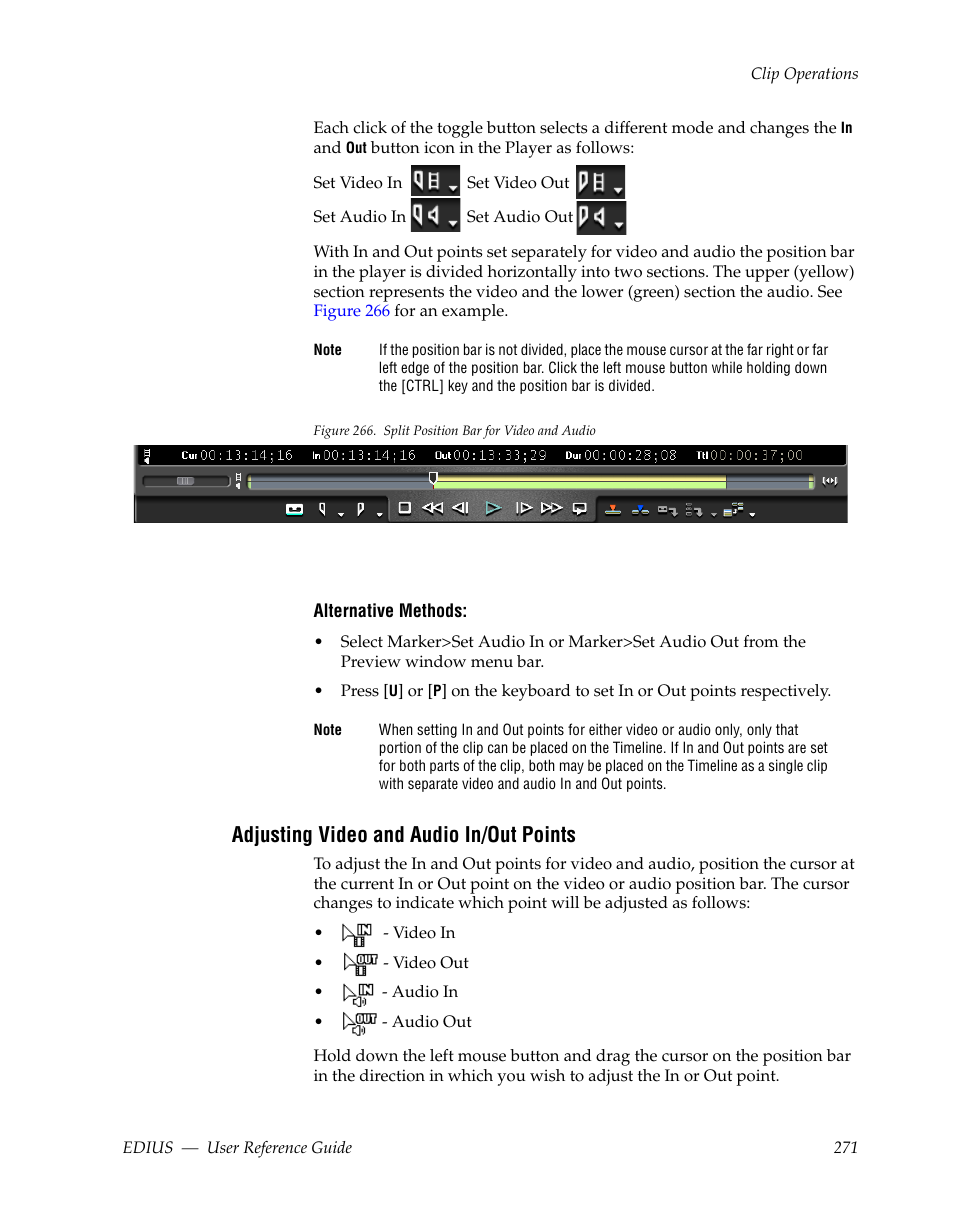 Adjusting video and audio in/out points | Grass Valley EDIUS v.5.1 User Manual | Page 271 / 790