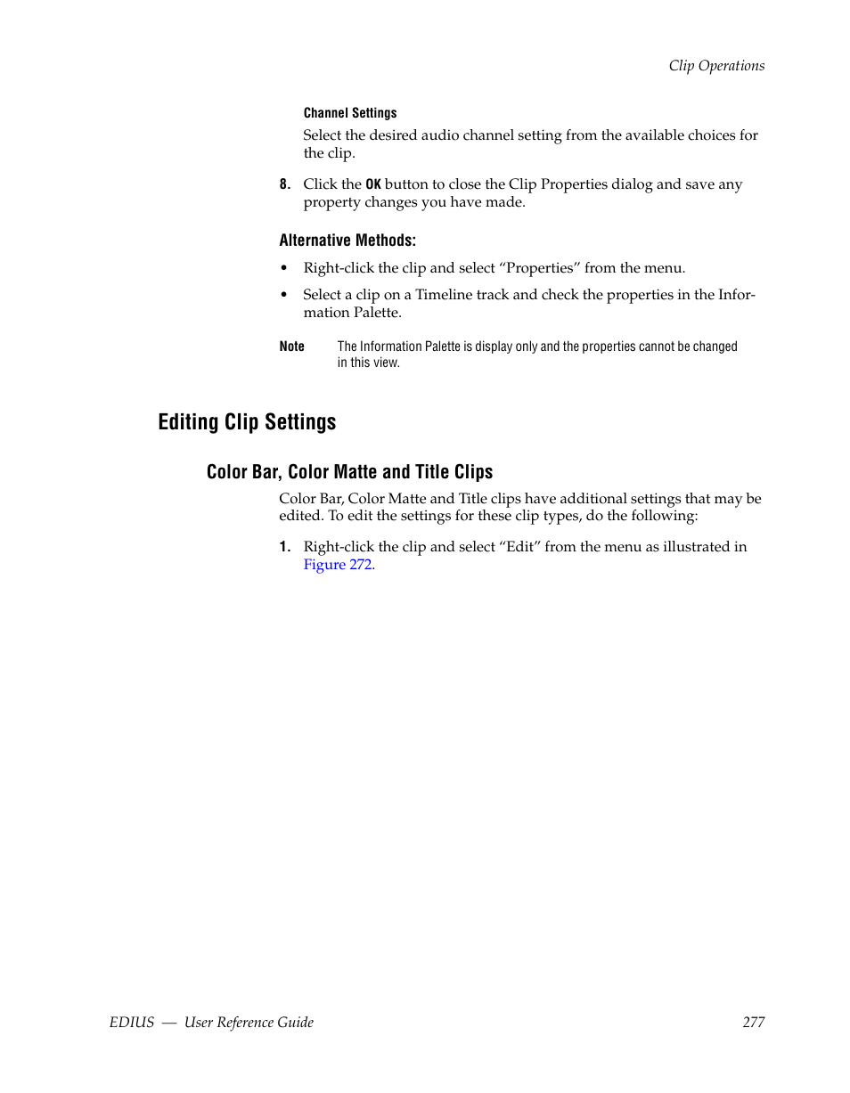 Editing clip settings, Color bar, color matte and title clips | Grass Valley EDIUS v.5.1 User Manual | Page 277 / 790