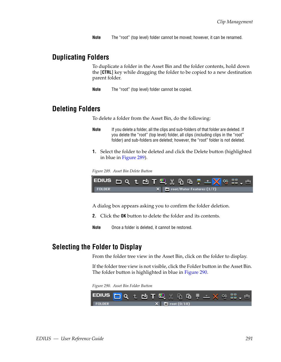 Duplicating folders, Deleting folders, Selecting the folder to display | Grass Valley EDIUS v.5.1 User Manual | Page 291 / 790