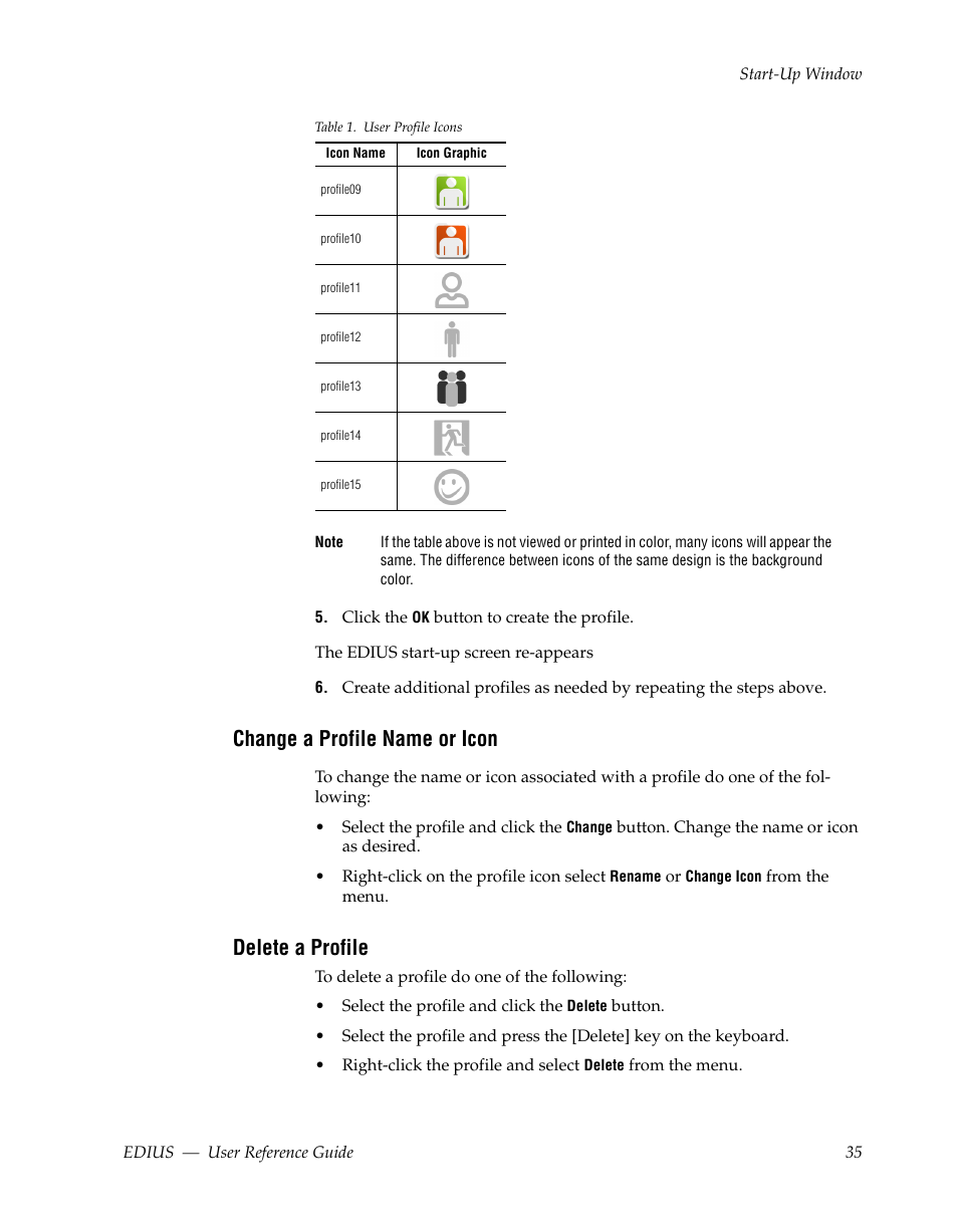 Change a profile name or icon, Delete a profile | Grass Valley EDIUS v.5.1 User Manual | Page 35 / 790