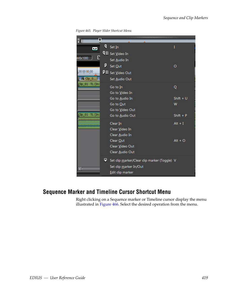 Sequence marker and timeline cursor shortcut menu, Figure 465 | Grass Valley EDIUS v.5.1 User Manual | Page 419 / 790