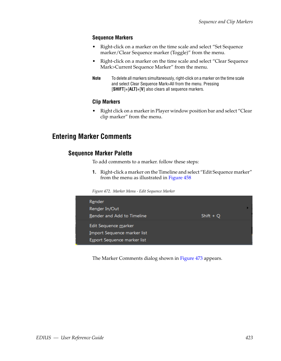 Entering marker comments, Sequence marker palette | Grass Valley EDIUS v.5.1 User Manual | Page 423 / 790
