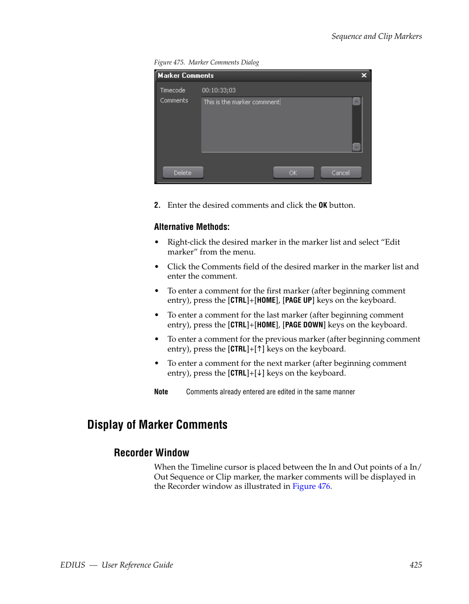 Display of marker comments, Recorder window | Grass Valley EDIUS v.5.1 User Manual | Page 425 / 790