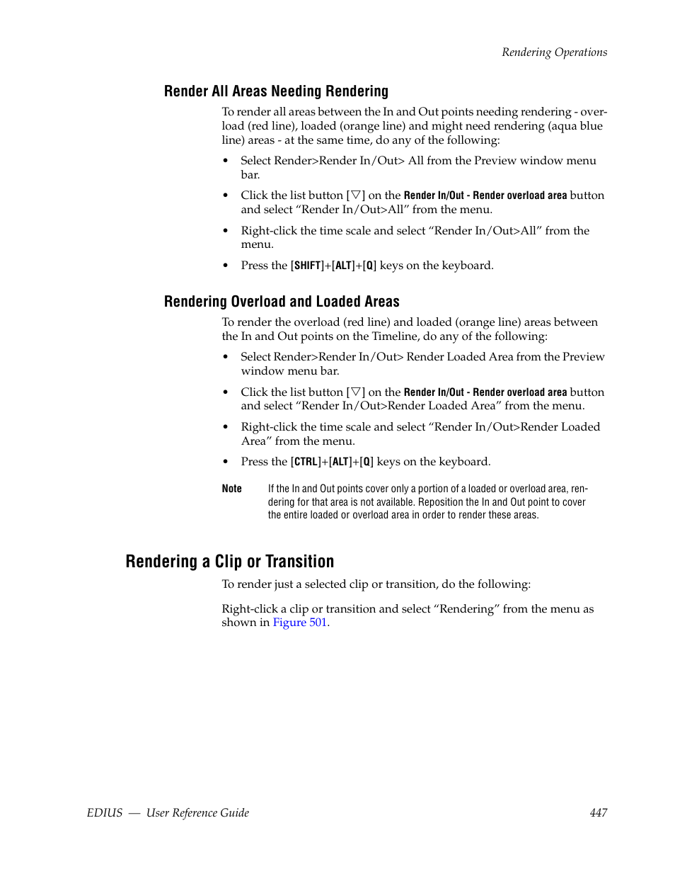 Render all areas needing rendering, Rendering overload and loaded areas, Rendering a clip or transition | Grass Valley EDIUS v.5.1 User Manual | Page 447 / 790