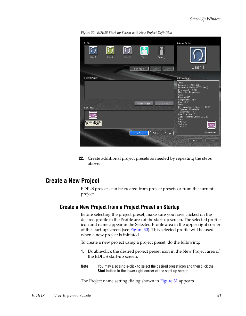 Create a new project | Grass Valley EDIUS v.5.1 User Manual | Page 51 / 790