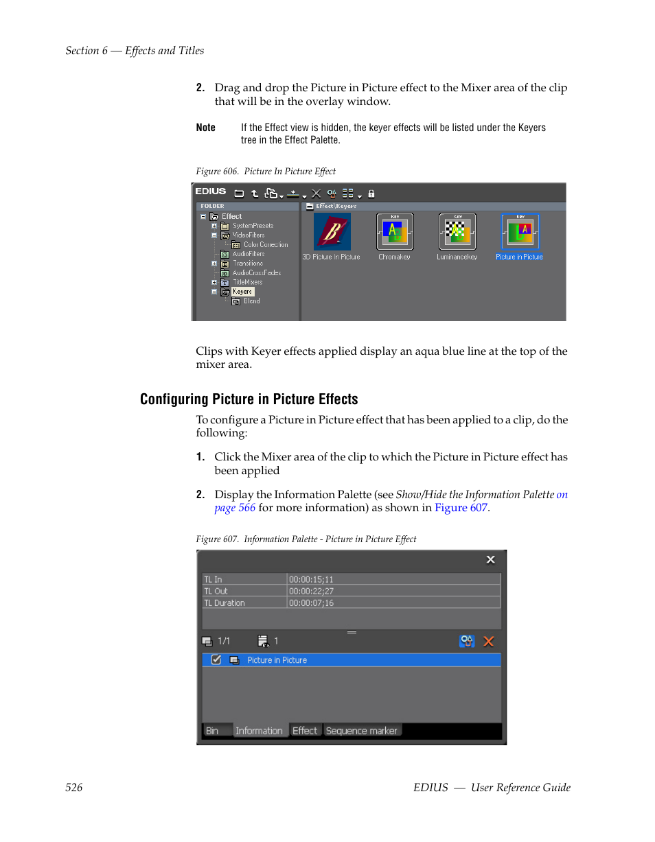 Configuring picture in picture effects, Top of the mixer area, For mor | Figure 606 | Grass Valley EDIUS v.5.1 User Manual | Page 526 / 790
