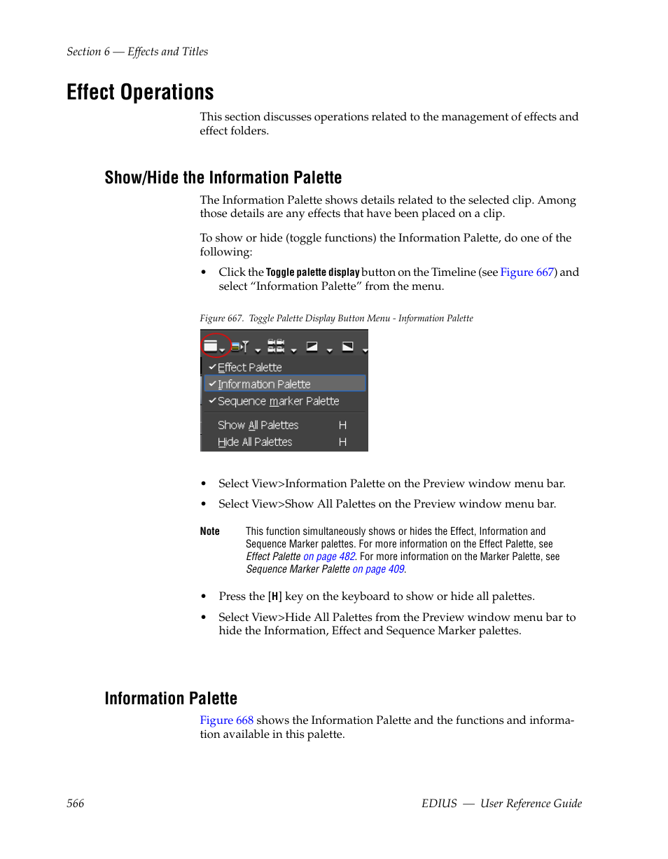 Effect operations, Show/hide the information palette, Information palette | See information palette, Informa- tion palette, Ee information palette, For m | Grass Valley EDIUS v.5.1 User Manual | Page 566 / 790
