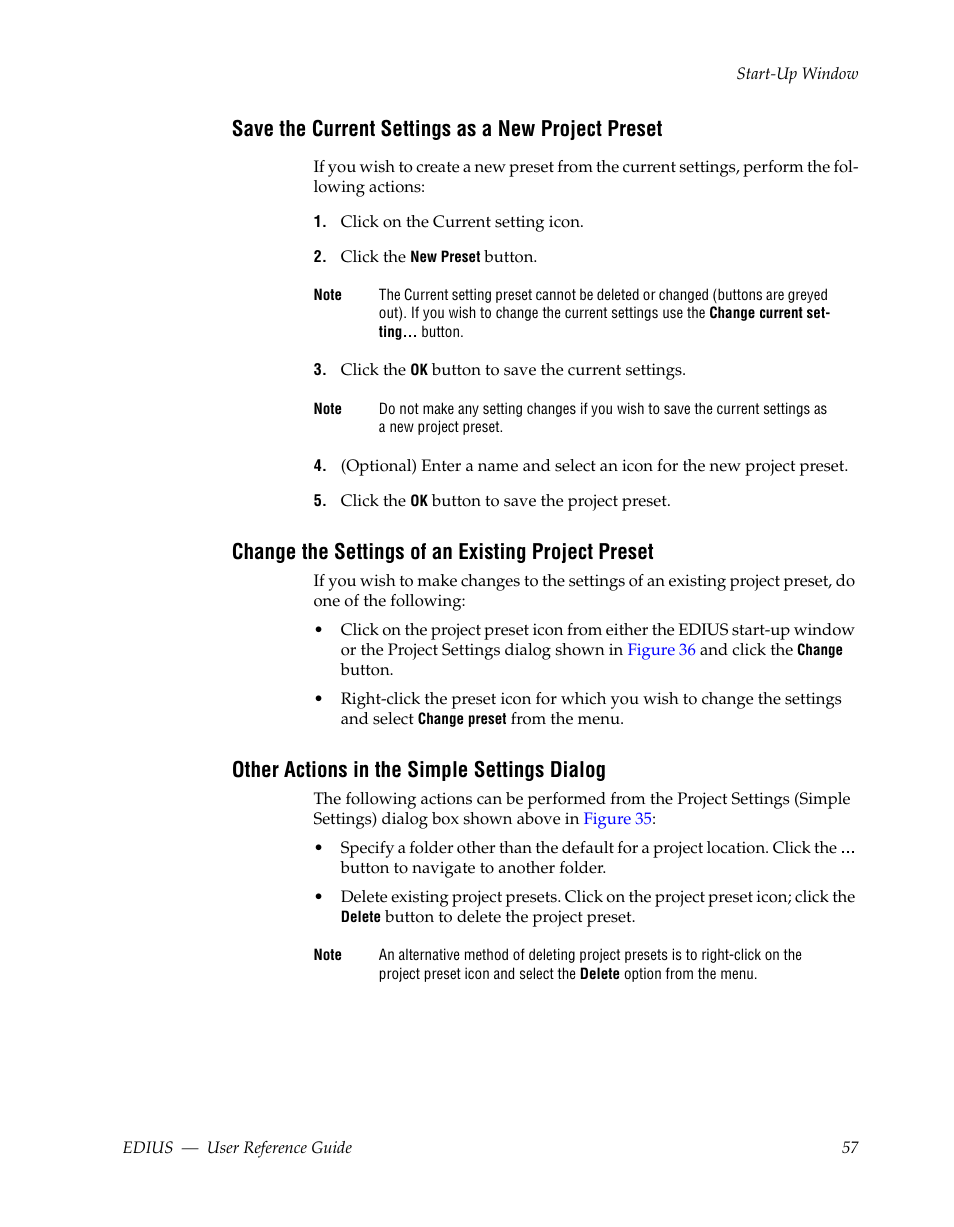 Save the current settings as a new project preset, Change the settings of an existing project preset, Other actions in the simple settings dialog | Grass Valley EDIUS v.5.1 User Manual | Page 57 / 790