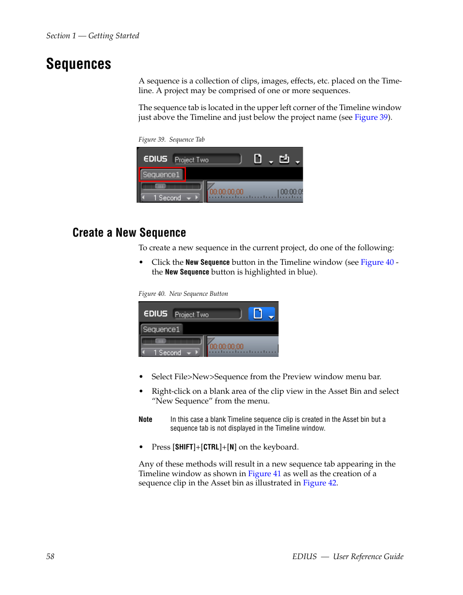 Sequences, Create a new sequence, See sequences | Grass Valley EDIUS v.5.1 User Manual | Page 58 / 790