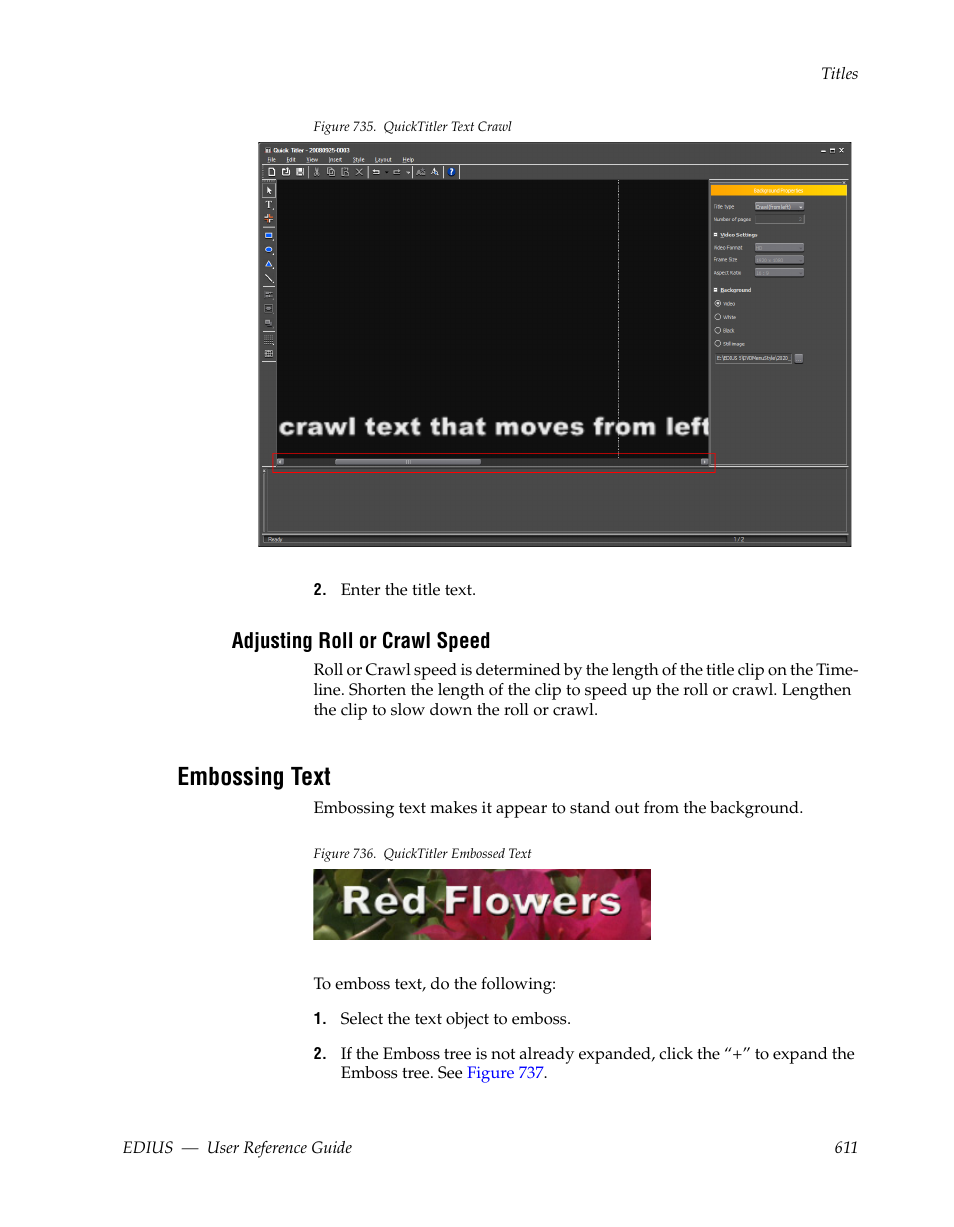 Adjusting roll or crawl speed, Embossing text | Grass Valley EDIUS v.5.1 User Manual | Page 611 / 790