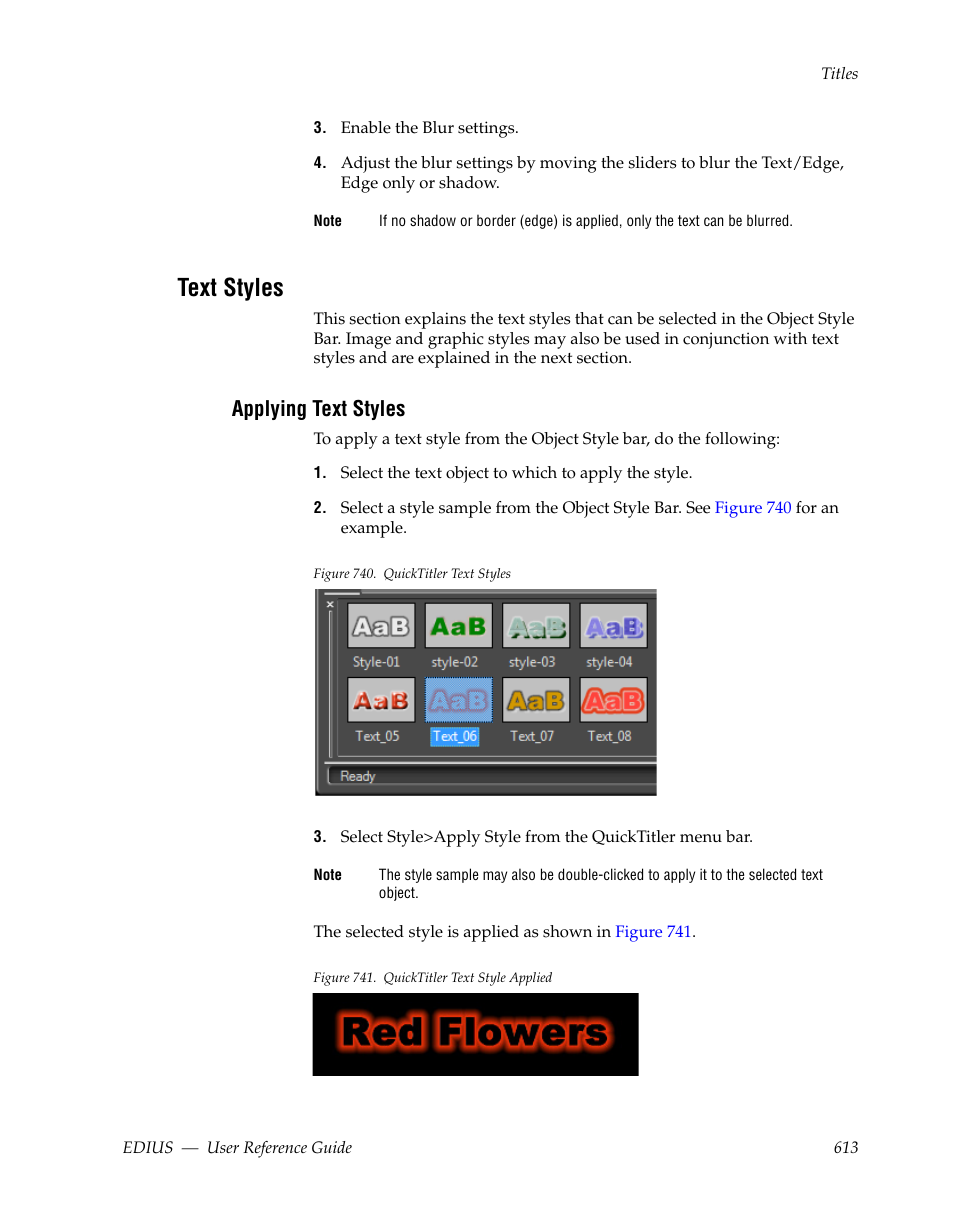 Text styles, Applying text styles | Grass Valley EDIUS v.5.1 User Manual | Page 613 / 790