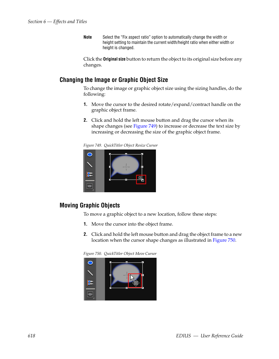 Changing the image or graphic object size, Moving graphic objects | Grass Valley EDIUS v.5.1 User Manual | Page 618 / 790