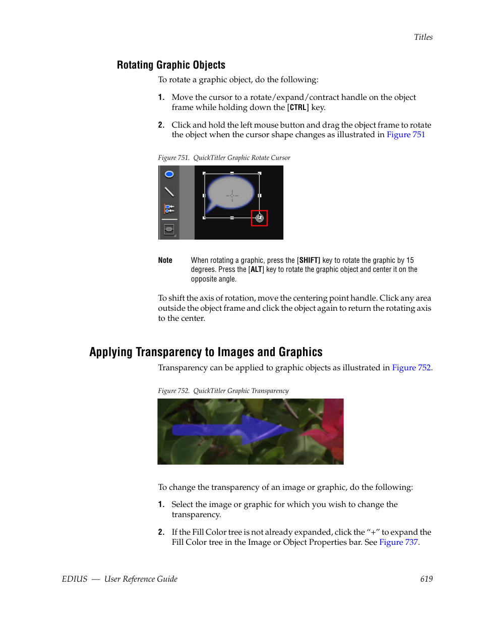 Rotating graphic objects, Applying transparency to images and graphics | Grass Valley EDIUS v.5.1 User Manual | Page 619 / 790
