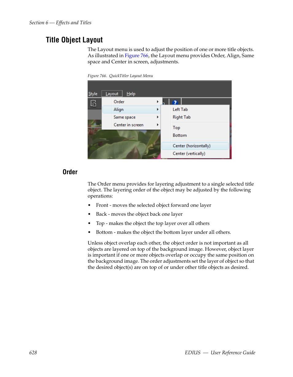 Title object layout, Order | Grass Valley EDIUS v.5.1 User Manual | Page 628 / 790