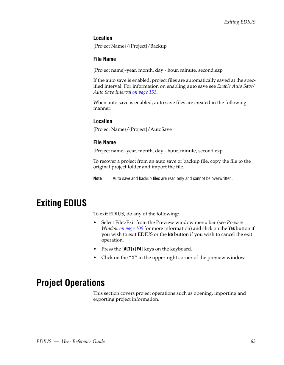 Exiting edius, Project operations | Grass Valley EDIUS v.5.1 User Manual | Page 63 / 790