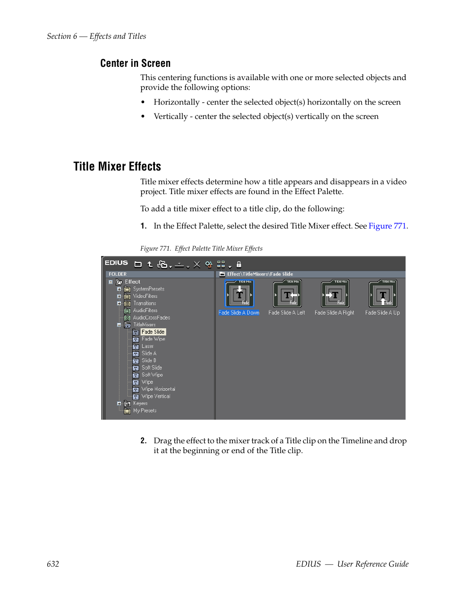 Center in screen, Title mixer effects | Grass Valley EDIUS v.5.1 User Manual | Page 632 / 790