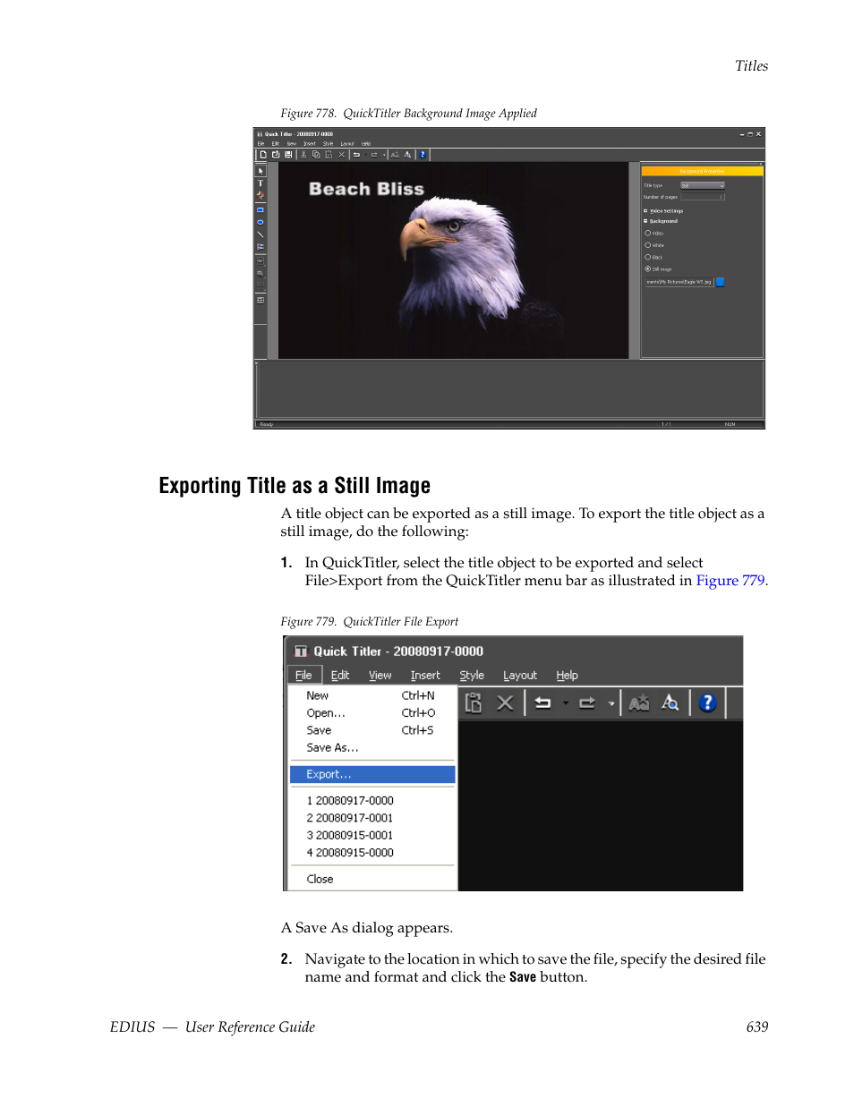 Exporting title as a still image | Grass Valley EDIUS v.5.1 User Manual | Page 639 / 790