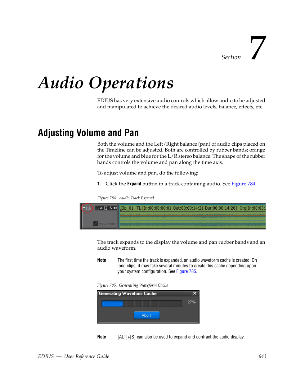 Audio operations, Adjusting volume and pan, Section 7 — audio operations | See adjusting volume and pan | Grass Valley EDIUS v.5.1 User Manual | Page 643 / 790