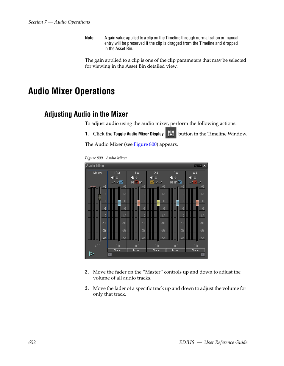 Audio mixer operations, Adjusting audio in the mixer | Grass Valley EDIUS v.5.1 User Manual | Page 652 / 790