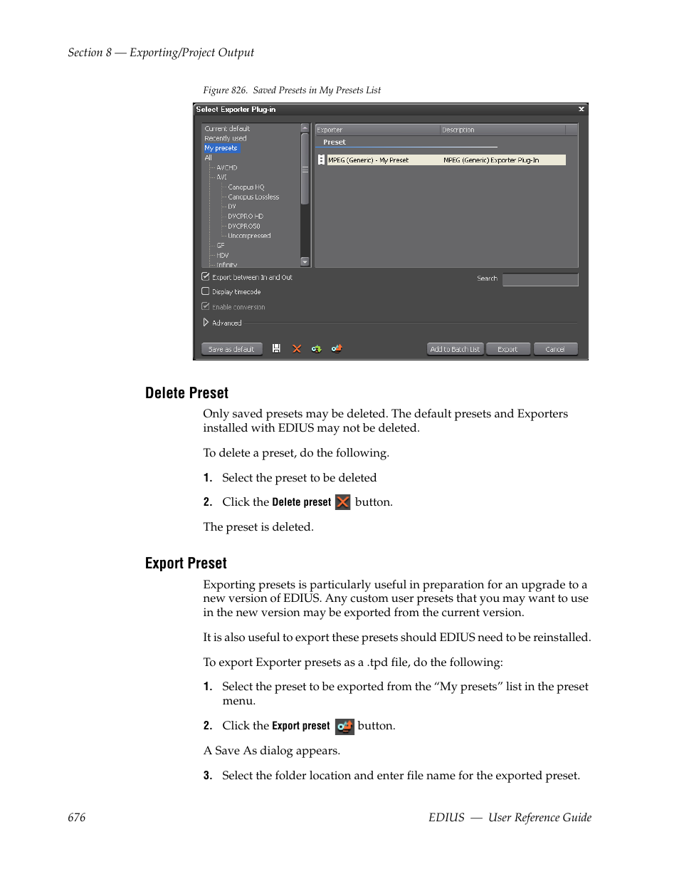 Delete preset, Export preset | Grass Valley EDIUS v.5.1 User Manual | Page 676 / 790