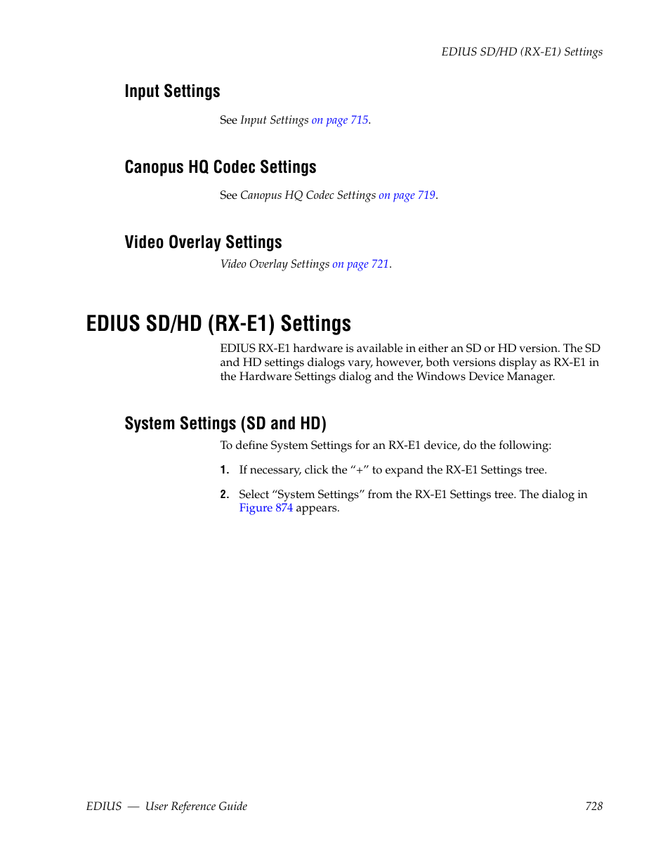 Input settings, Canopus hq codec settings, Video overlay settings | Edius sd/hd (rx-e1) settings, System settings (sd and hd) | Grass Valley EDIUS v.5.1 User Manual | Page 728 / 790