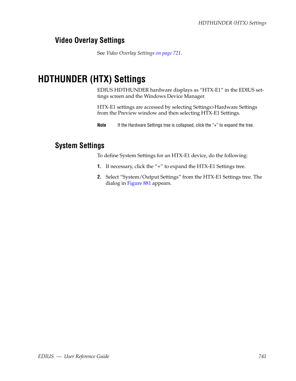 Video overlay settings, Hdthunder (htx) settings, System settings | Grass Valley EDIUS v.5.1 User Manual | Page 741 / 790