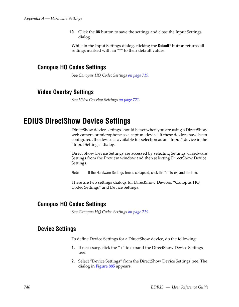 Canopus hq codes settings, Video overlay settings, Edius directshow device settings | Canopus hq codec settings, Device settings | Grass Valley EDIUS v.5.1 User Manual | Page 746 / 790