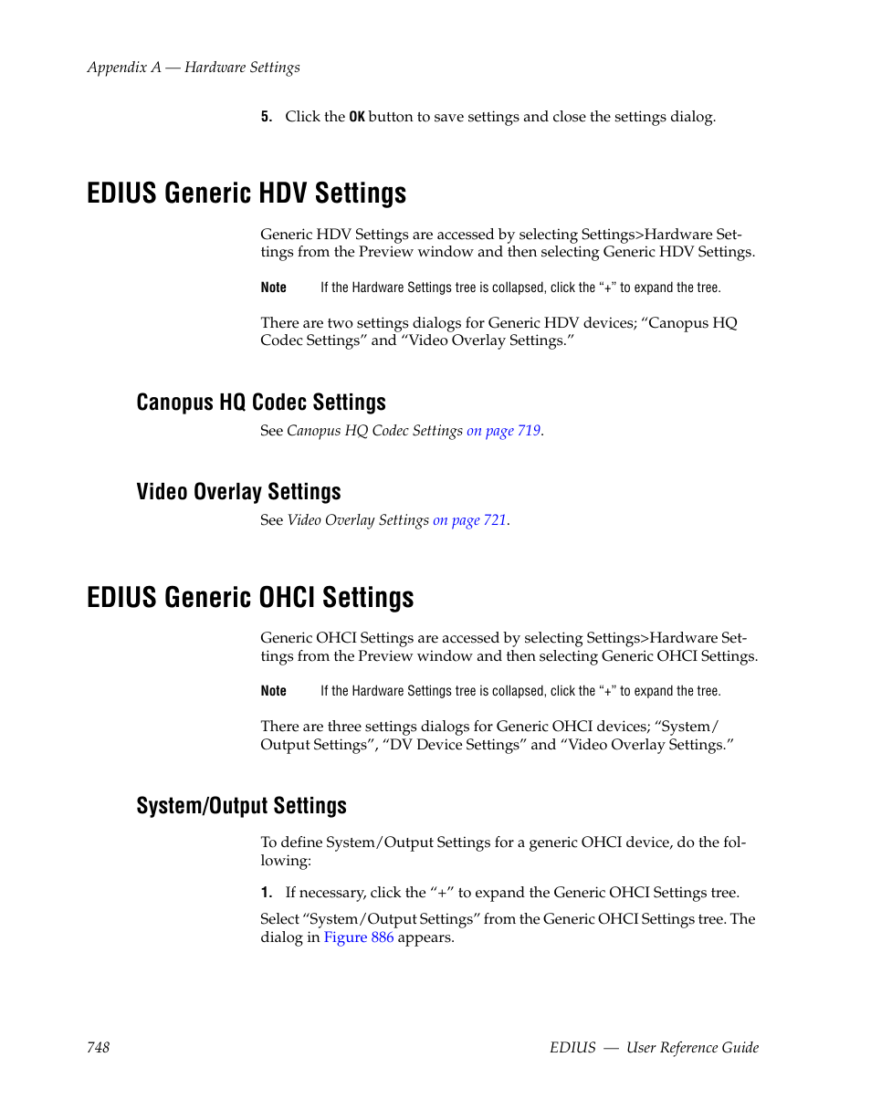 Edius generic hdv settings, Canopus hq codec settings, Video overlay settings | Edius generic ohci settings, System/output settings | Grass Valley EDIUS v.5.1 User Manual | Page 748 / 790