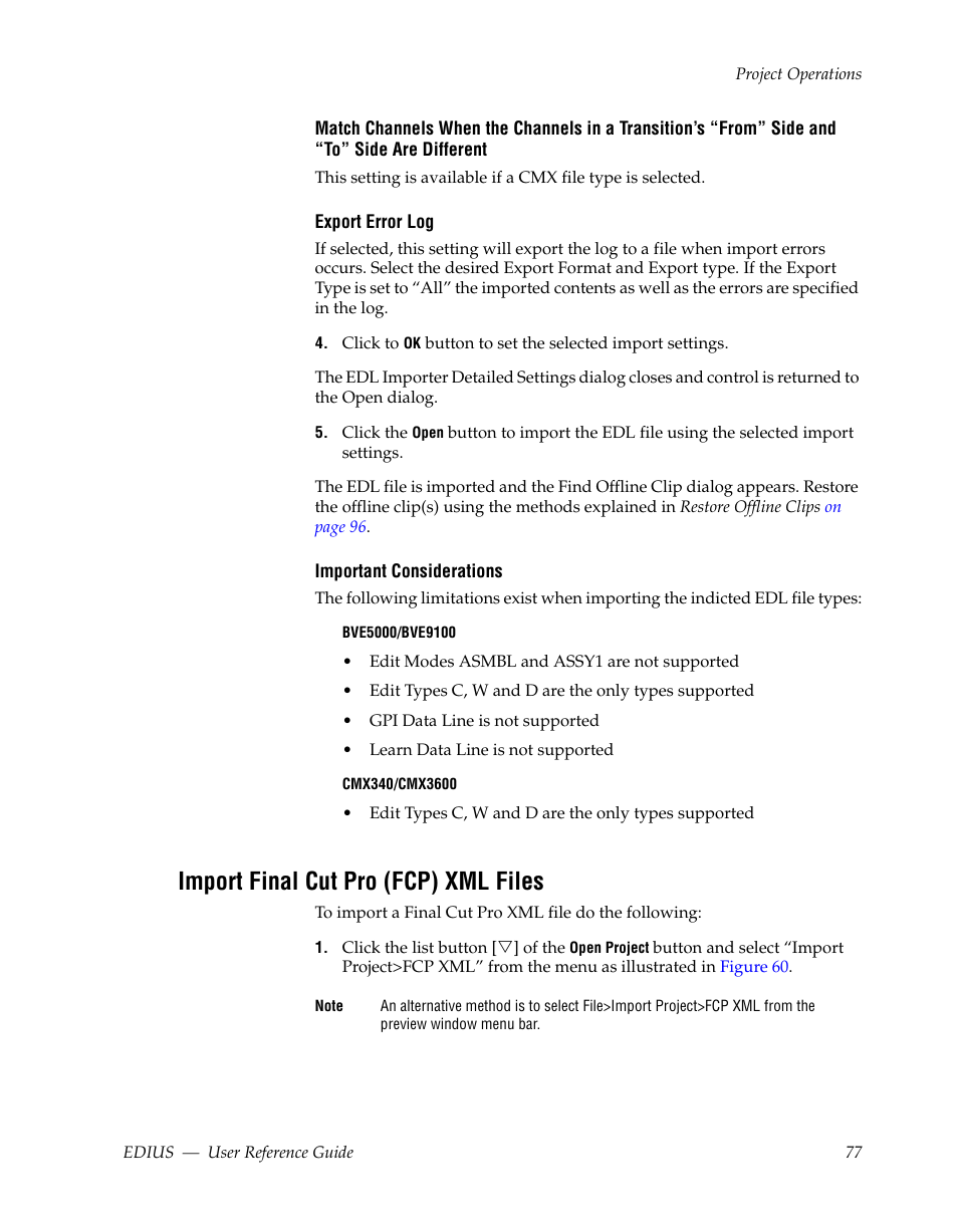 Import final cut pro (fcp) xml files | Grass Valley EDIUS v.5.1 User Manual | Page 77 / 790