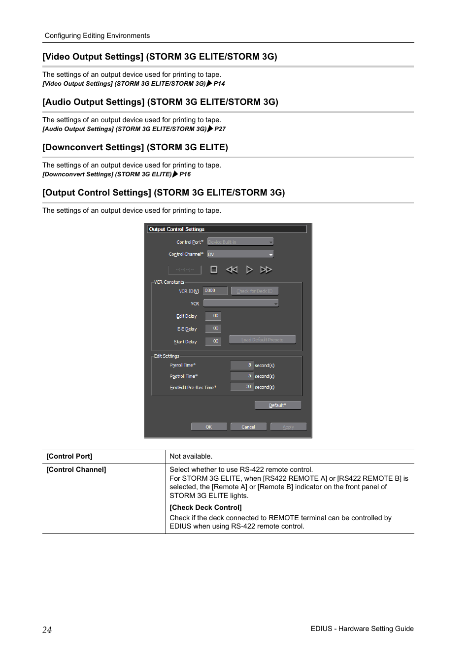 Video output settings] (storm 3g elite/storm 3g), Audio output settings] (storm 3g elite/storm 3g), Downconvert settings] (storm 3g elite) | Output control settings] (storm 3g elite/storm 3g) | Grass Valley EDIUS Pro v.7.4 User Manual | Page 30 / 35