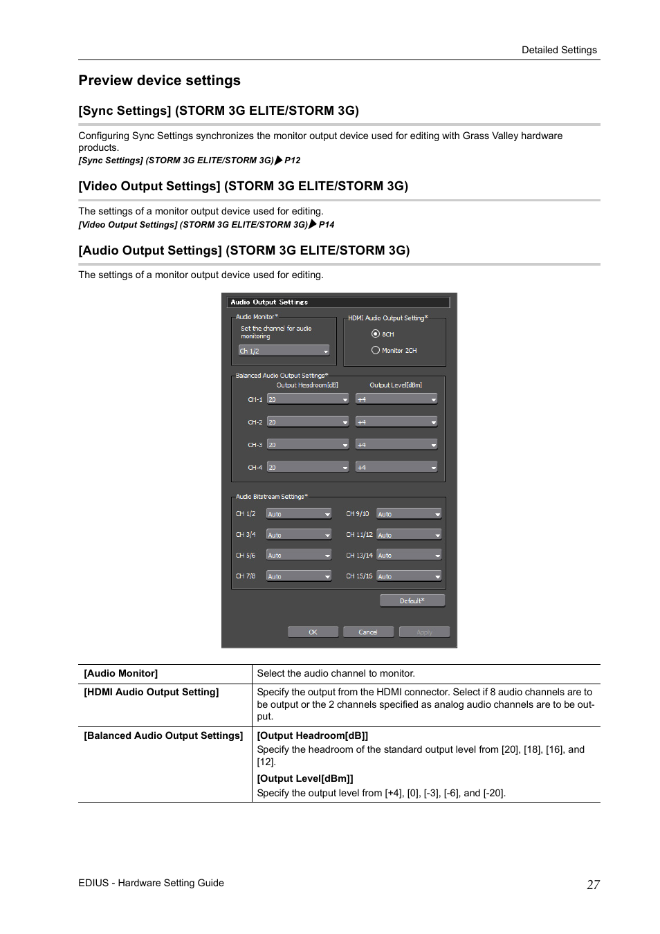 Preview device settings, Sync settings] (storm 3g elite/storm 3g), Video output settings] (storm 3g elite/storm 3g) | Audio output settings] (storm 3g elite/storm 3g) | Grass Valley EDIUS Pro v.7.4 User Manual | Page 33 / 35