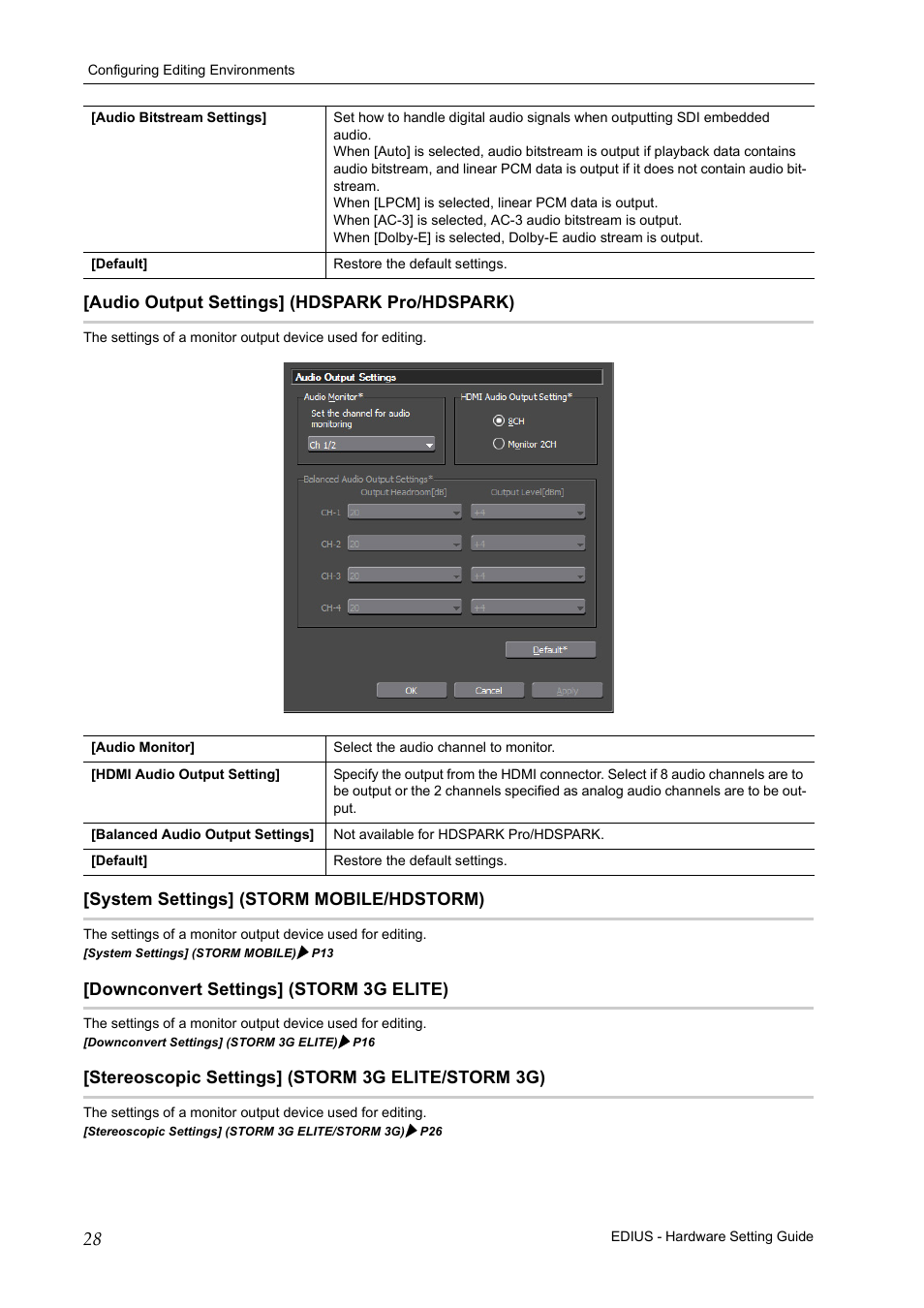 Audio output settings] (hdspark pro/hdspark), System settings] ( storm mobile/hdstorm), Downconvert settings] (storm 3g elite) | Stereoscopic settings] (storm 3g elite/storm 3g) | Grass Valley EDIUS Pro v.7.4 User Manual | Page 34 / 35