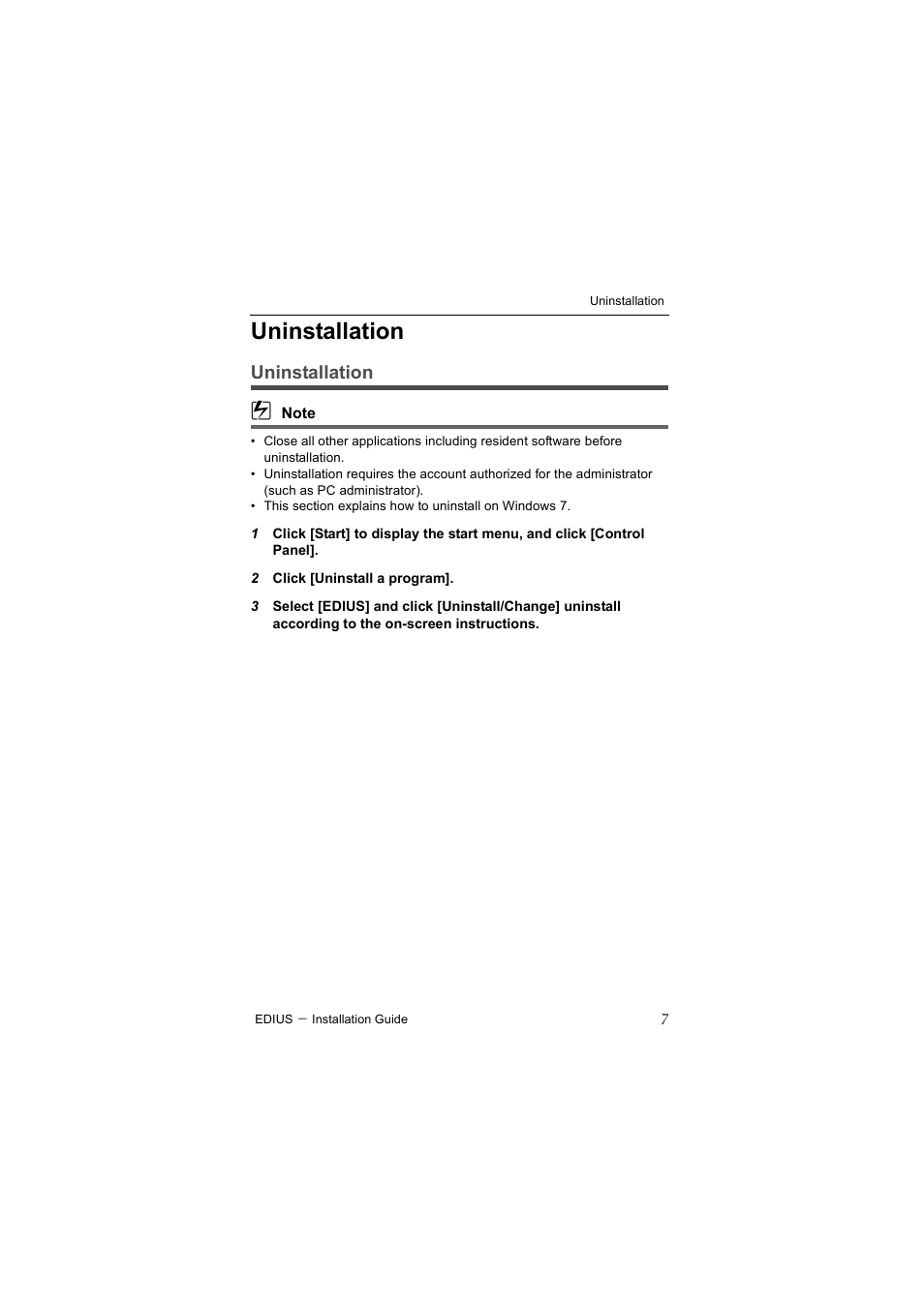 Uninstallation | Grass Valley EDIUS Pro v.7.4 Installation User Manual | Page 15 / 19
