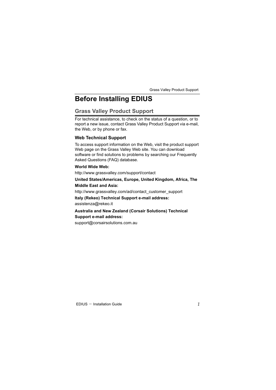 Before installing edius, Grass valley product support | Grass Valley EDIUS Pro v.7.4 Installation User Manual | Page 9 / 19