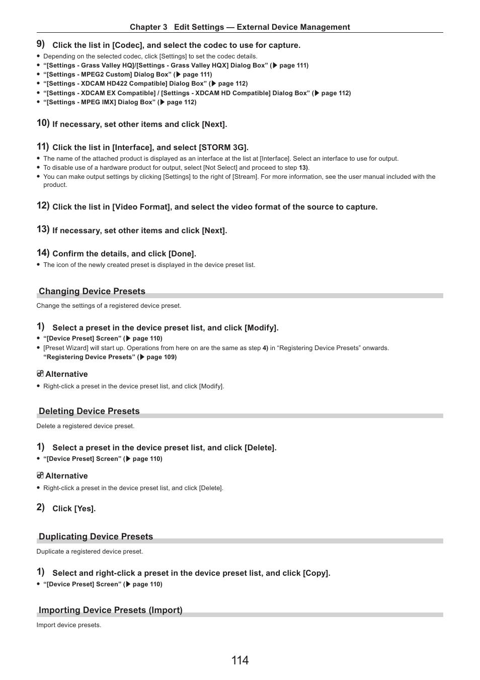 Changing device presets, Deleting device presets, Duplicating device presets | Importing device presets (import) | Grass Valley EDIUS Pro v.7.4 Reference Manual User Manual | Page 114 / 471