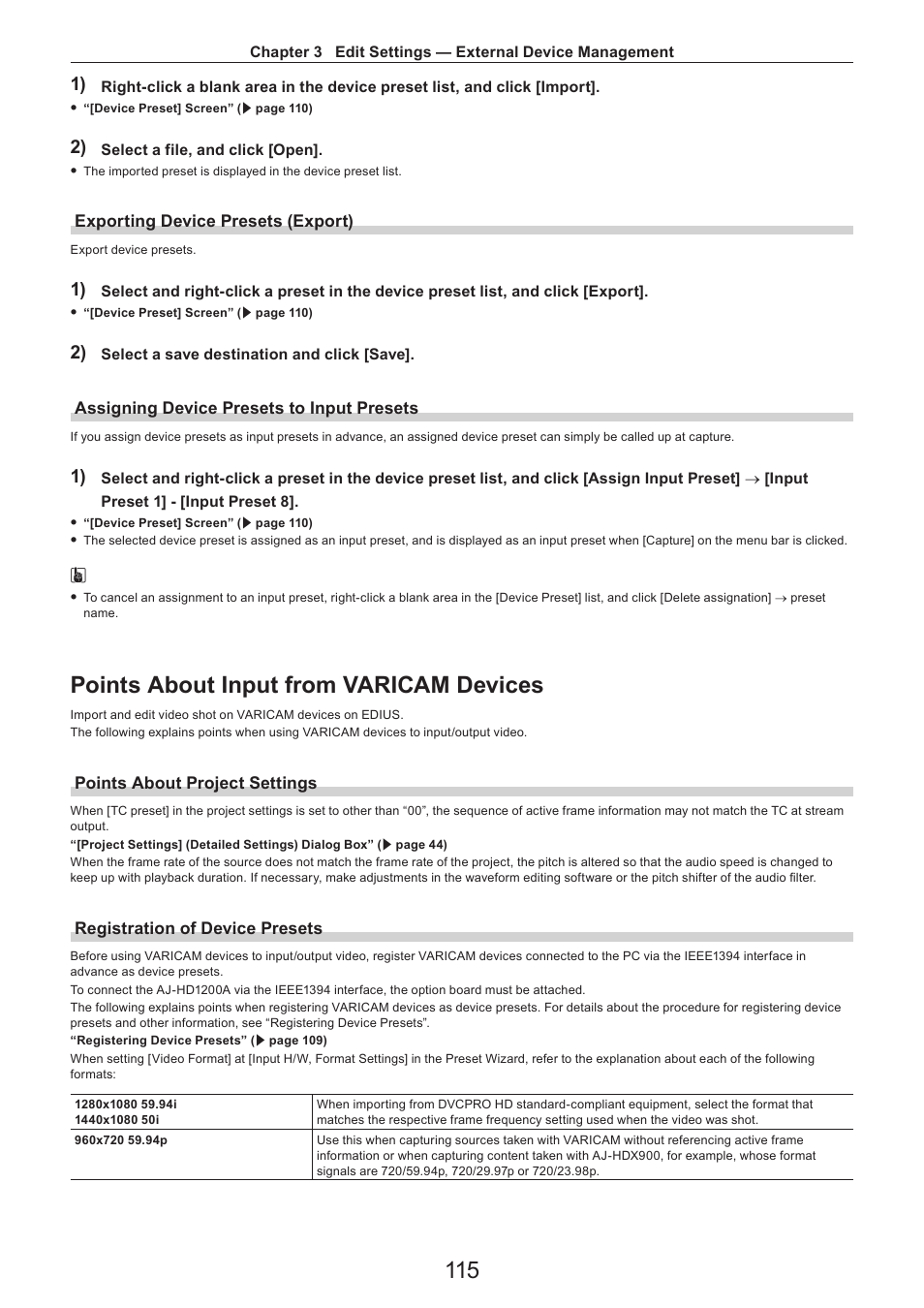 Exporting device presets (export), Assigning device presets to input presets, Points about input from varicam devices | Points about project settings, Registration of device presets | Grass Valley EDIUS Pro v.7.4 Reference Manual User Manual | Page 115 / 471