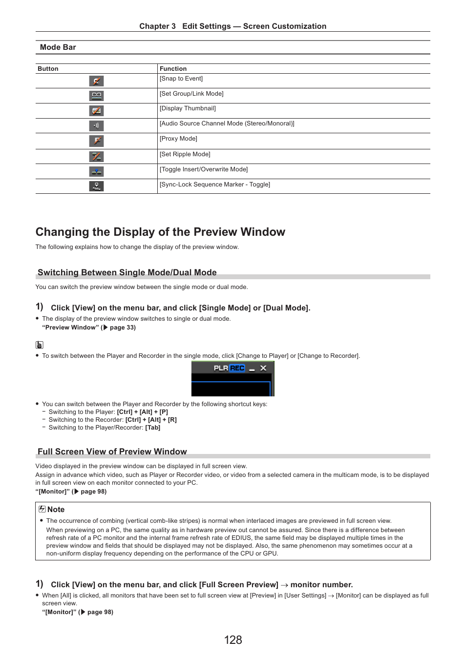 Changing the display of the preview window, Switching between single mode/dual mode, Full screen view of preview window | Grass Valley EDIUS Pro v.7.4 Reference Manual User Manual | Page 128 / 471