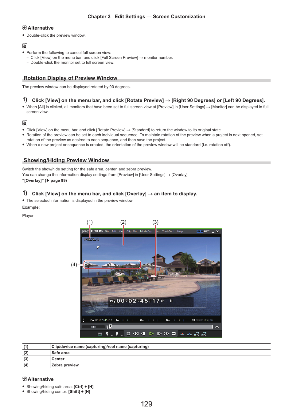 Rotation display of preview window, Showing/hiding preview window | Grass Valley EDIUS Pro v.7.4 Reference Manual User Manual | Page 129 / 471