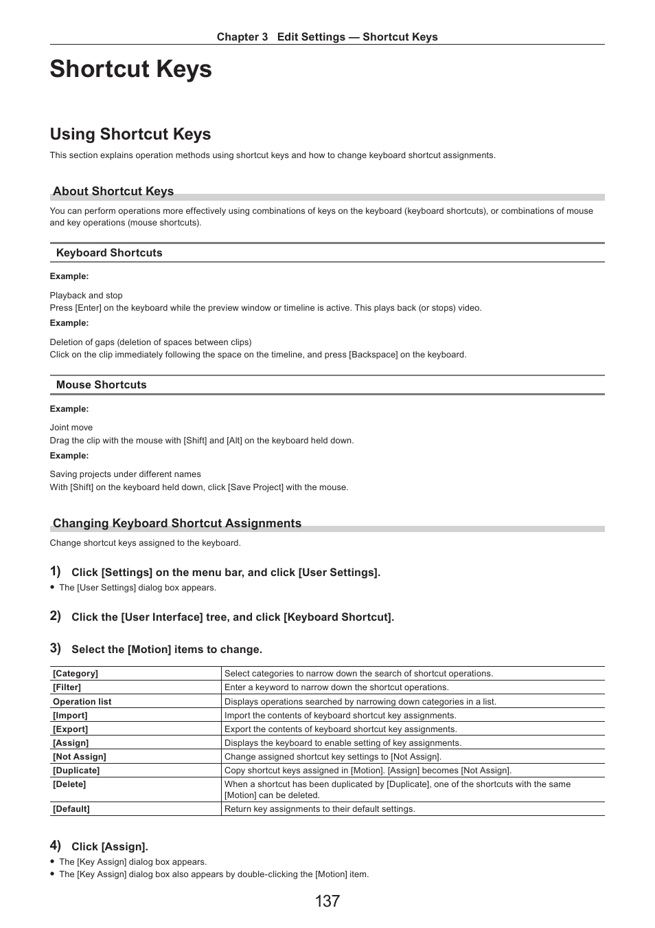 Shortcut keys, Using shortcut keys, About shortcut keys | Changing keyboard shortcut assignments | Grass Valley EDIUS Pro v.7.4 Reference Manual User Manual | Page 137 / 471