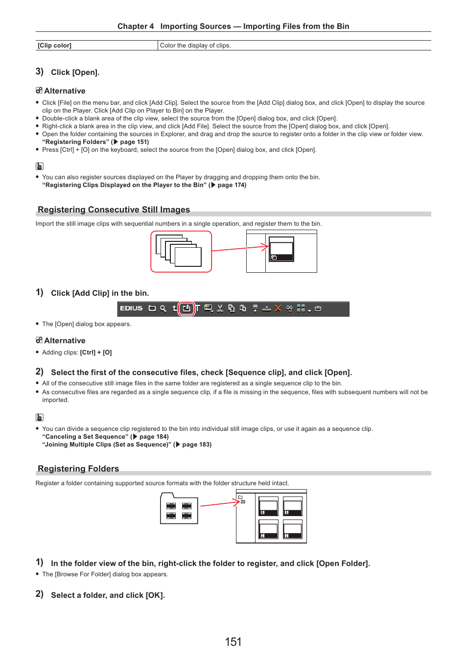Registering consecutive still images, Registering folders | Grass Valley EDIUS Pro v.7.4 Reference Manual User Manual | Page 151 / 471