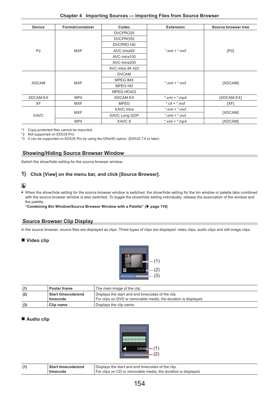 Showing/hiding source browser window, Source browser clip display | Grass Valley EDIUS Pro v.7.4 Reference Manual User Manual | Page 154 / 471