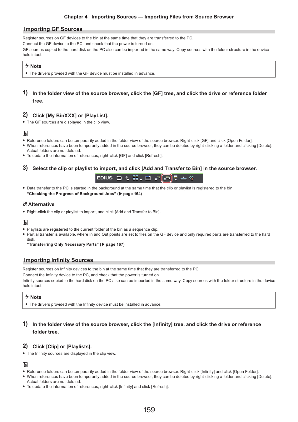 Importing gf sources, Importing infinity sources | Grass Valley EDIUS Pro v.7.4 Reference Manual User Manual | Page 159 / 471