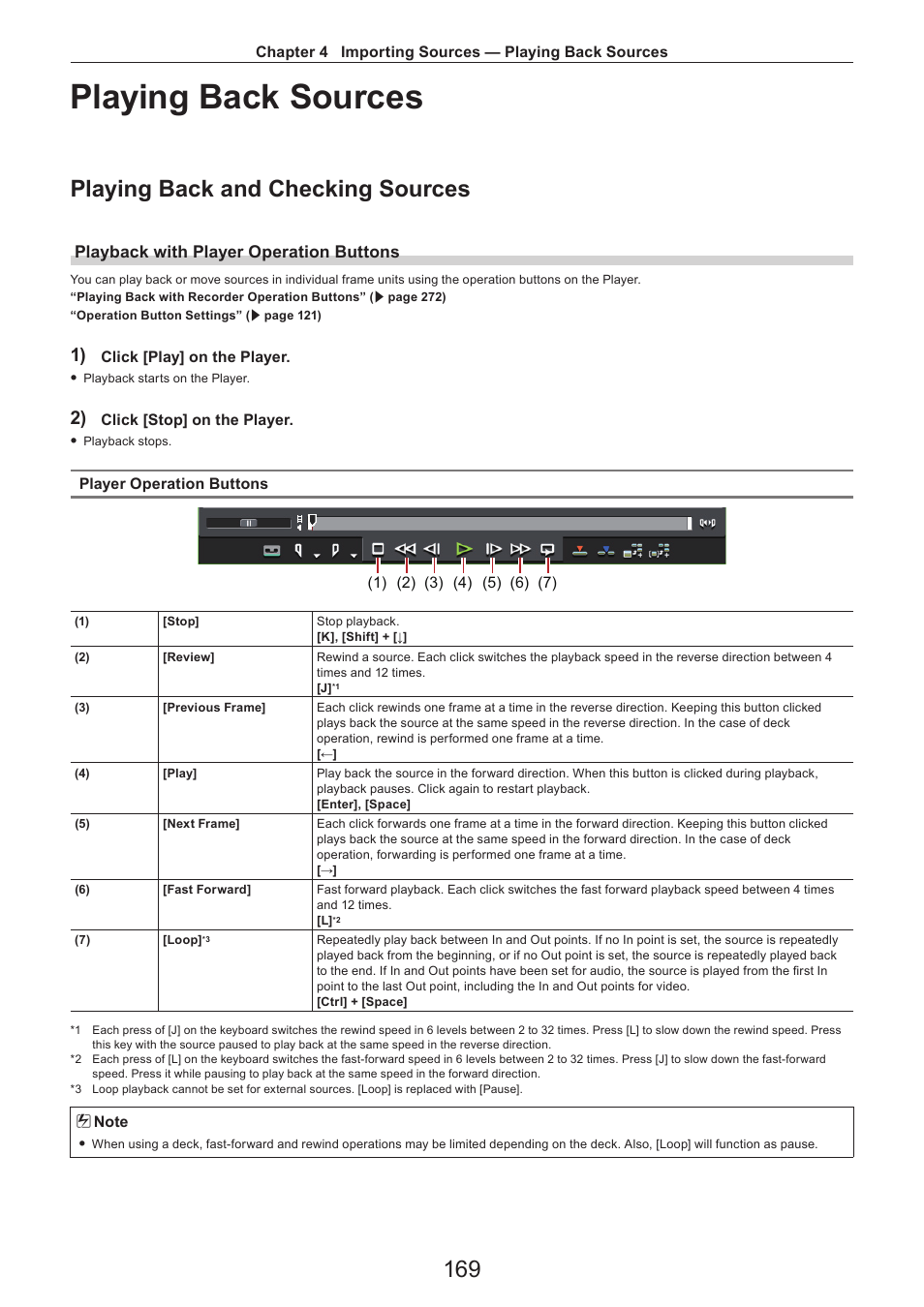 Playing back sources, Playing back and checking sources, Playback with player operation buttons | Grass Valley EDIUS Pro v.7.4 Reference Manual User Manual | Page 169 / 471