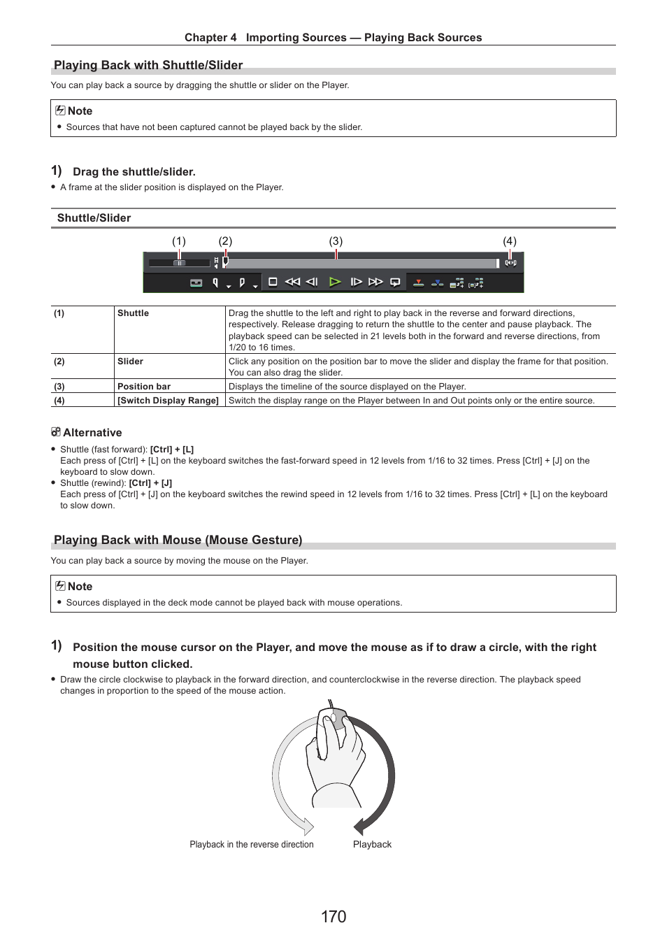 Playing back with shuttle/slider, Playing back with mouse (mouse gesture) | Grass Valley EDIUS Pro v.7.4 Reference Manual User Manual | Page 170 / 471