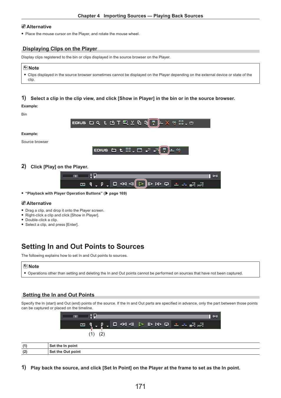 Displaying clips on the player, Setting in and out points to sources, Setting the in and out points | Grass Valley EDIUS Pro v.7.4 Reference Manual User Manual | Page 171 / 471