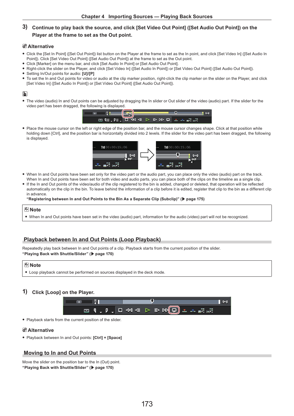 Playback between in and out points (loop playback), Moving to in and out points | Grass Valley EDIUS Pro v.7.4 Reference Manual User Manual | Page 173 / 471