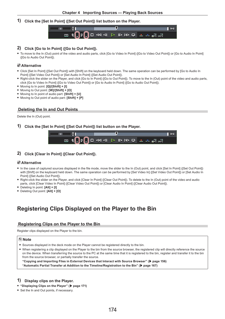 Deleting the in and out points, Registering clips on the player to the bin | Grass Valley EDIUS Pro v.7.4 Reference Manual User Manual | Page 174 / 471